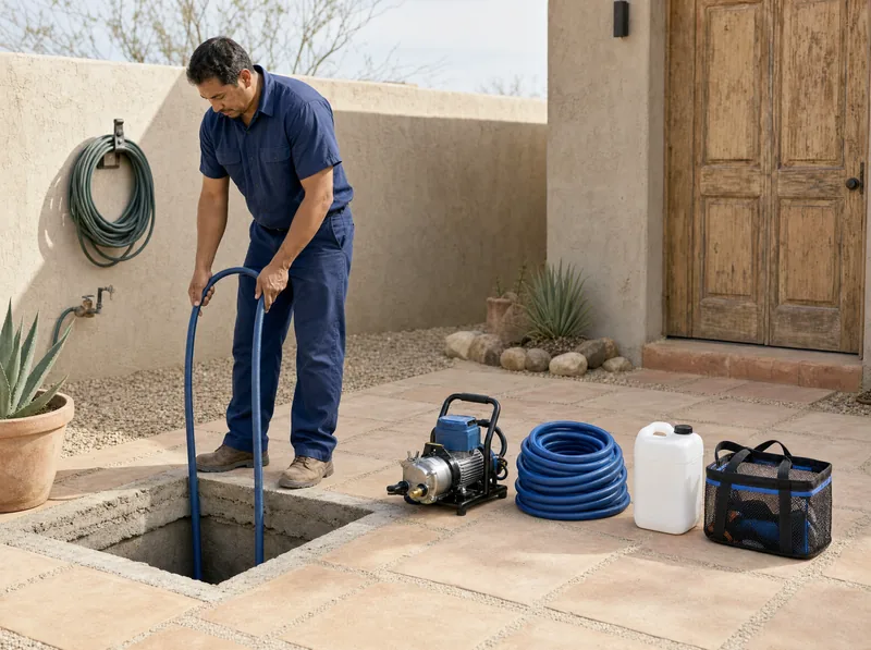 Cistern cleaning equipment being positioned from outside an access hatch