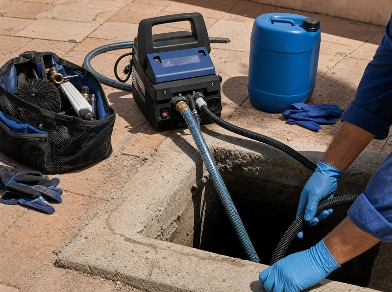 Gloved technician handling cleaning hoses beside a cistern opening