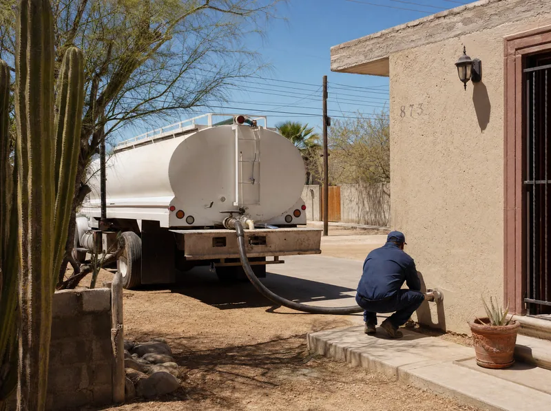 Water tanker and delivery hose beside a desert home