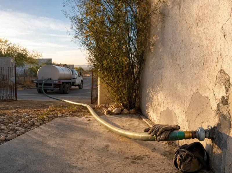Delivery hose connected to a residential water inlet