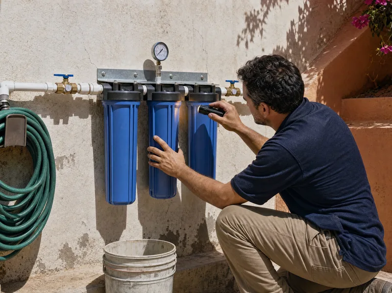 Técnico revisando tres portafiltros azules en un muro de servicio