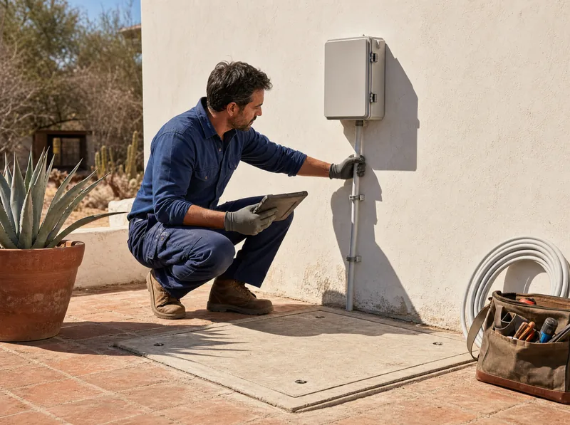 Technician checking a protected enclosure beside a closed cistern cover