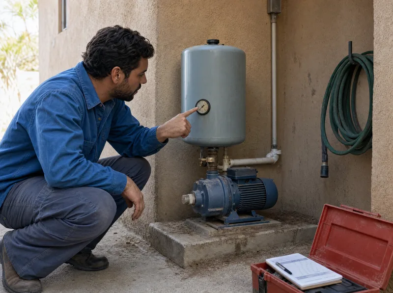 Technician inspecting a disconnected residential pump assembly