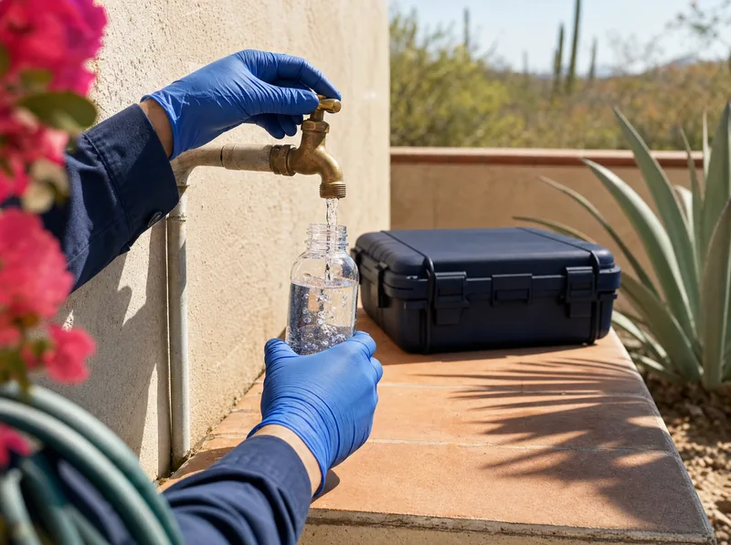 Gloved hands collecting tap water in a sample bottle